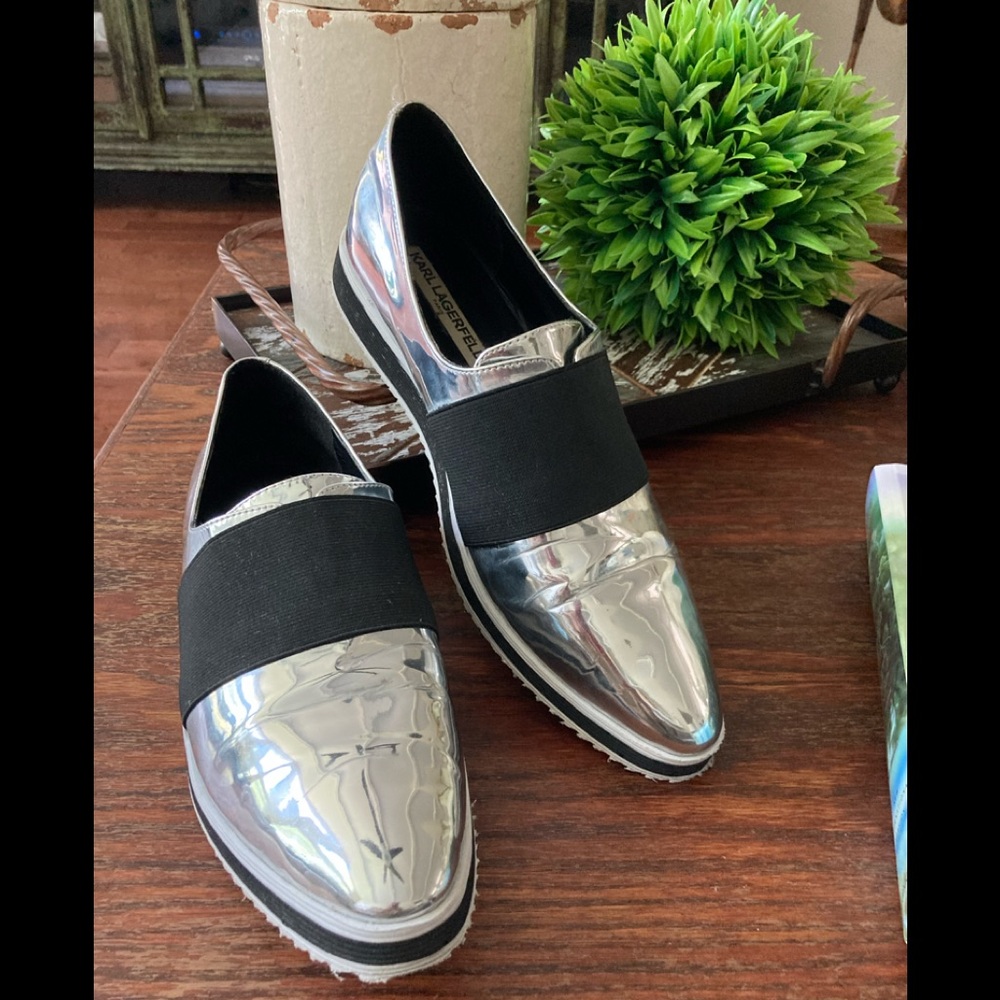 Karl Langerfield Black and Chrome Pointed Toe Shoes 10M Excellent